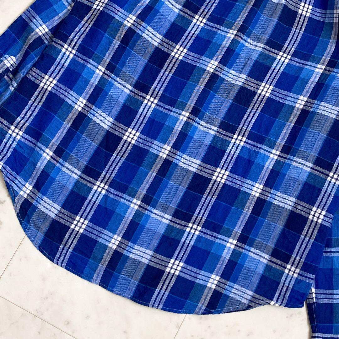 美品✨ラルフローレン　チェック柄リネン100%BD長袖シャツ　麻　ブルー　XL