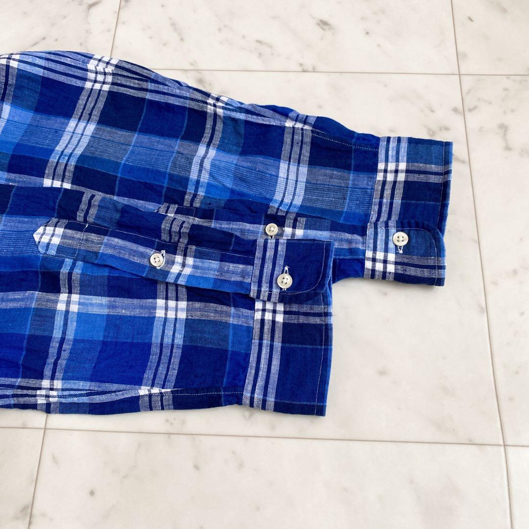 美品✨ラルフローレン　チェック柄リネン100%BD長袖シャツ　麻　ブルー　XL