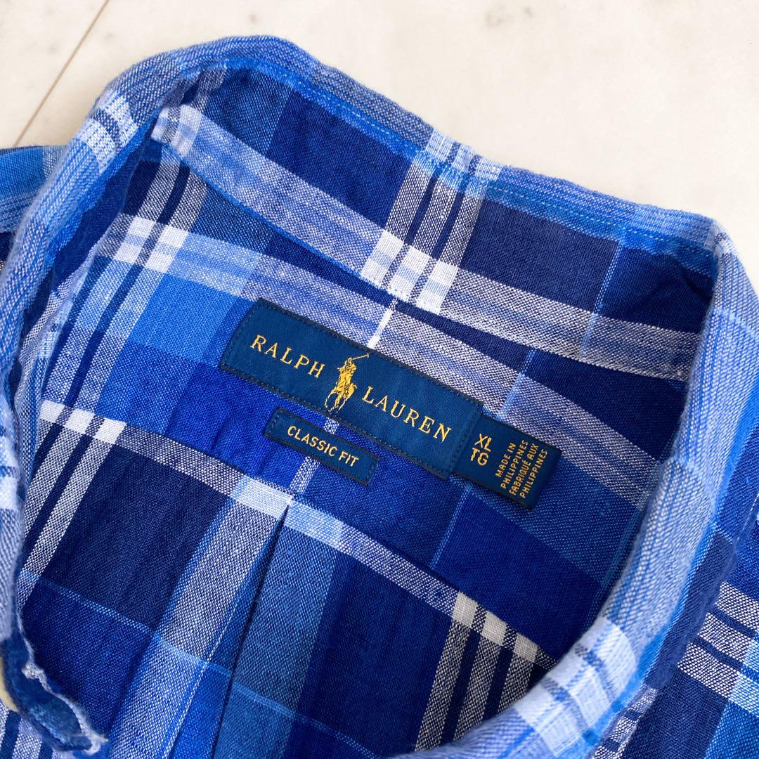 美品✨ラルフローレン　チェック柄リネン100%BD長袖シャツ　麻　ブルー　XL