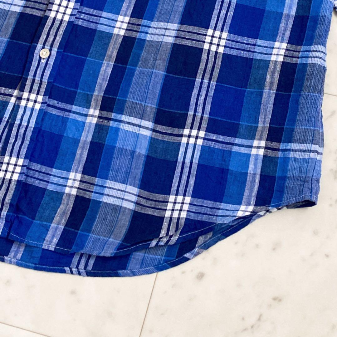 美品✨ラルフローレン　チェック柄リネン100%BD長袖シャツ　麻　ブルー　XL
