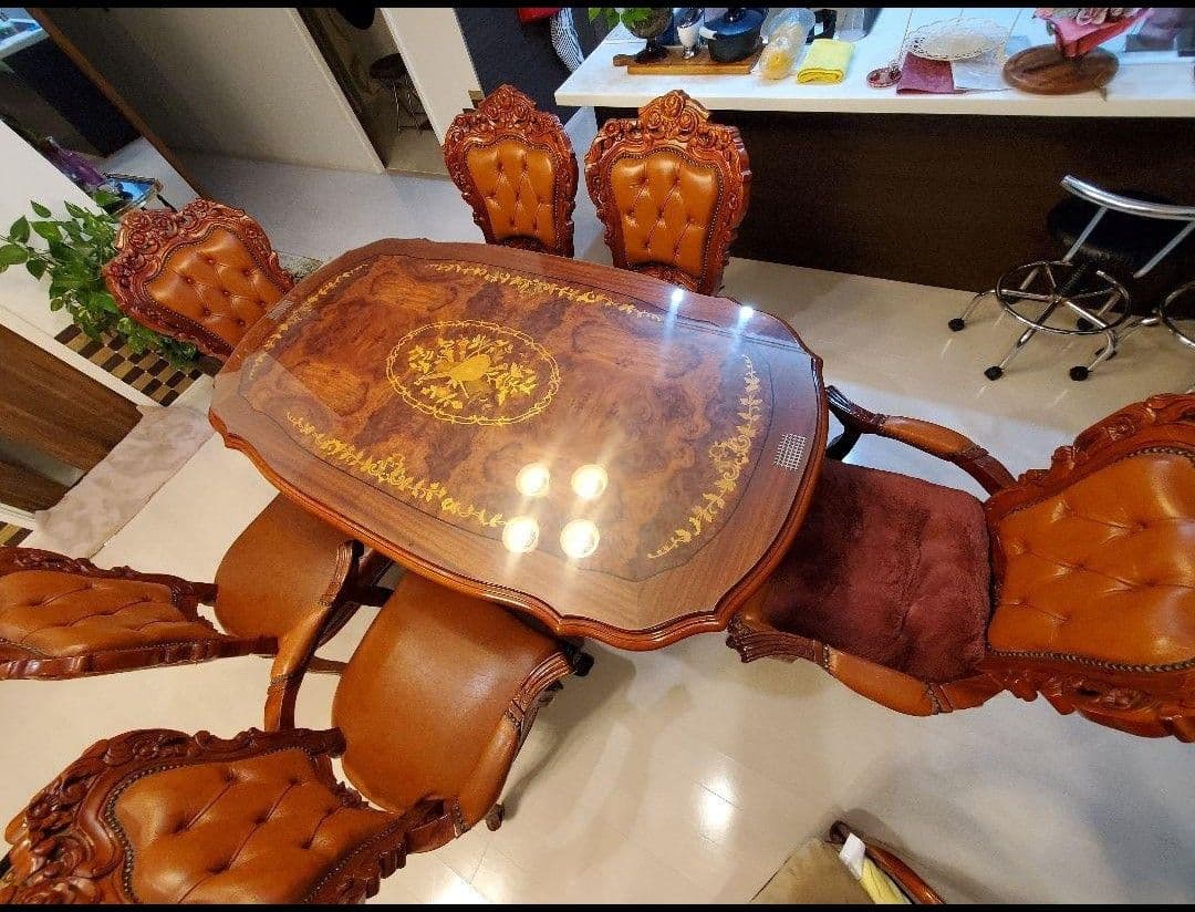 ♥イタリア象嵌　超希少　アンティーク　ダイニングセット(硝子マット付き)　６人用