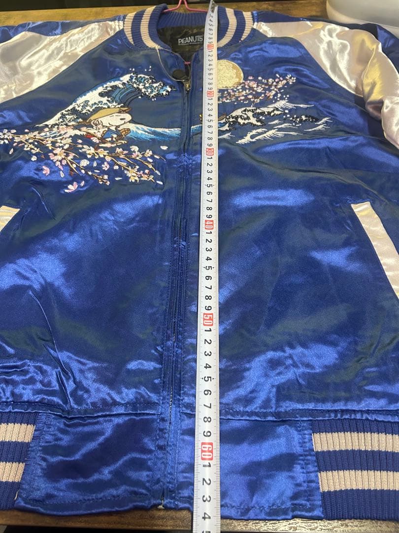 PEANUTS スカジャン 青 Japan 桜 波刺繍　スヌーピー スカジャン