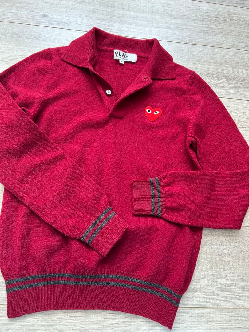 プレイ コムデギャルソン ニットポロ ハートワッペン M ボルドー リブライン