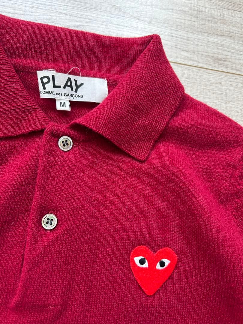 プレイ コムデギャルソン ニットポロ ハートワッペン M ボルドー リブライン