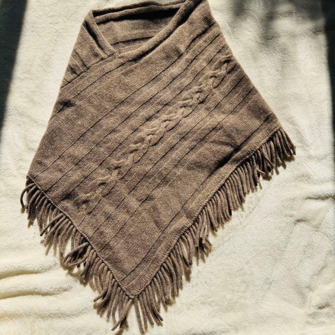 内モンゴル産　ヤクカシミヤ 100 ニット ポンチョ　フリンジ付き ブラウン系