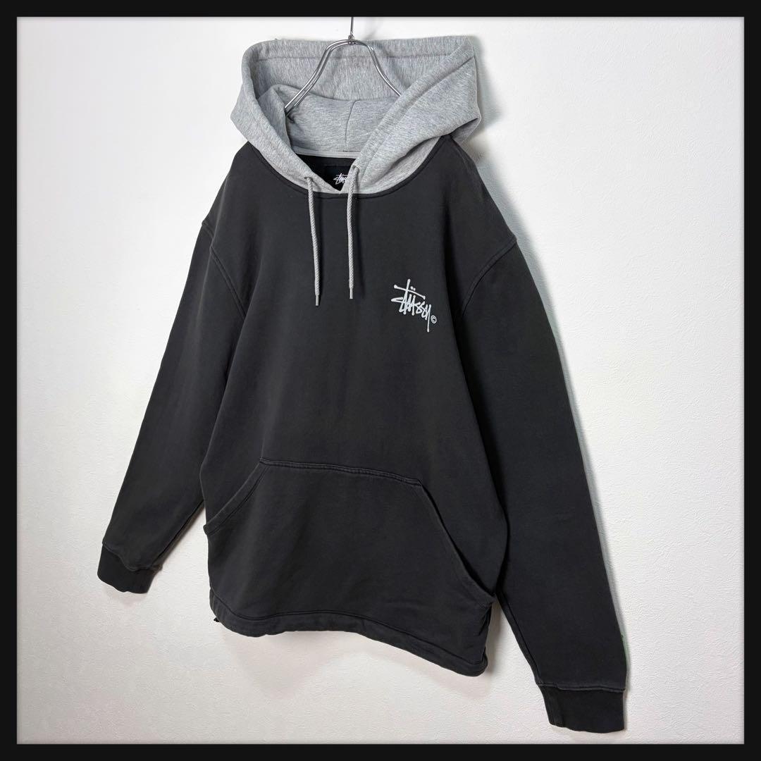 【美品】ステューシー ビッグプリントパーカー バイカラー チャコールグレー