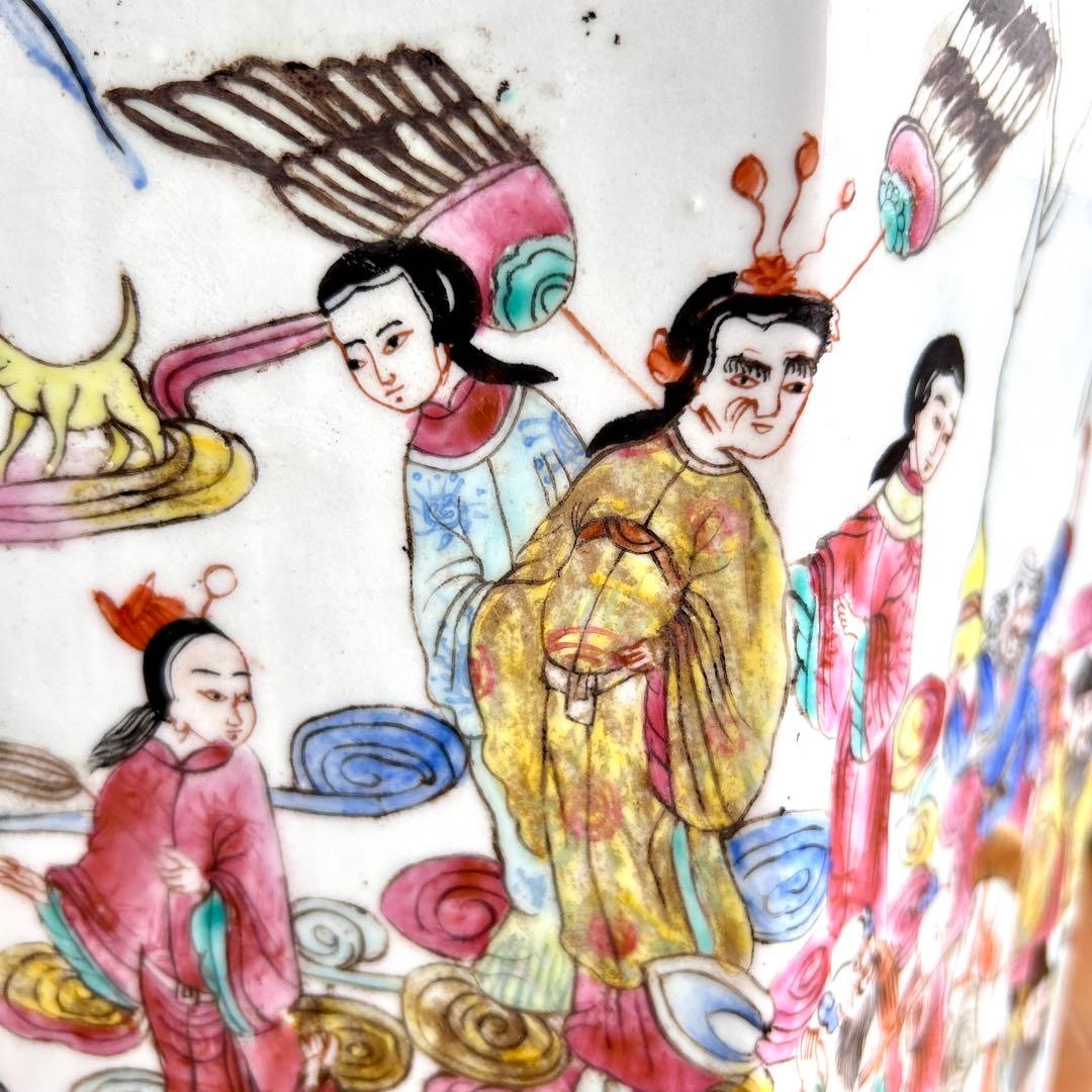 粉彩大花瓶 仙人図絵 花文双耳 八角瓶 珍品 中国