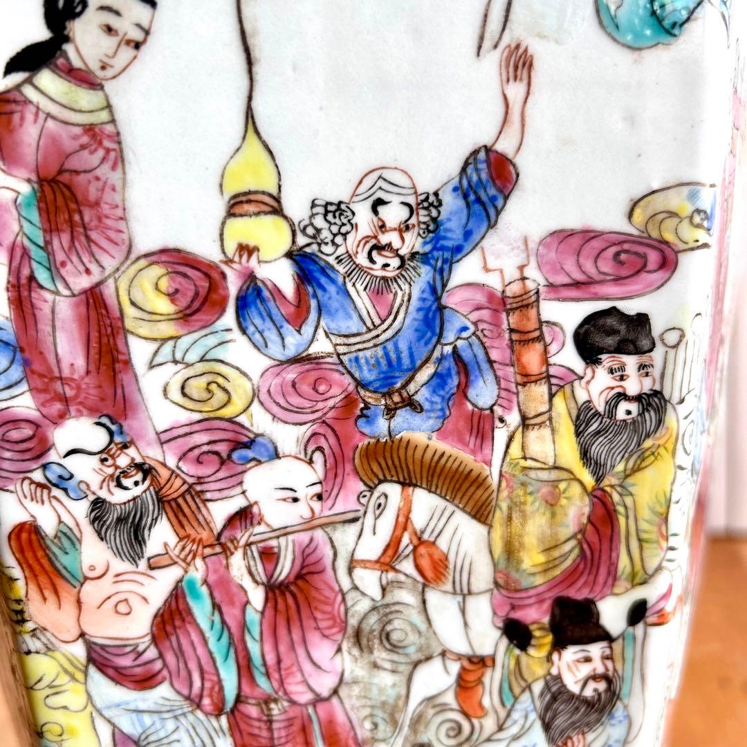 粉彩大花瓶 仙人図絵 花文双耳 八角瓶 珍品 中国