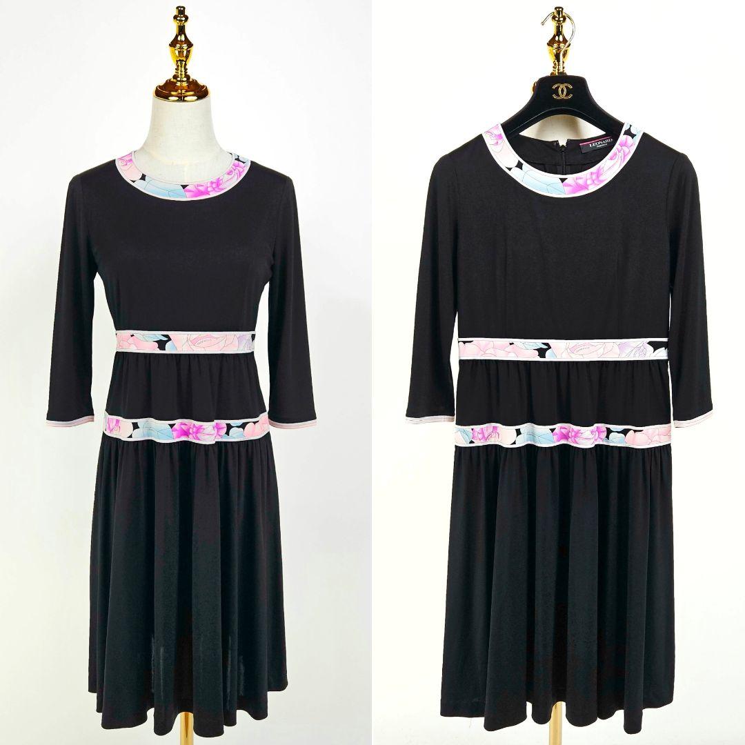 【極美品】レオナール フラワー ワンピース 36 ピンク 七分袖 カンカン