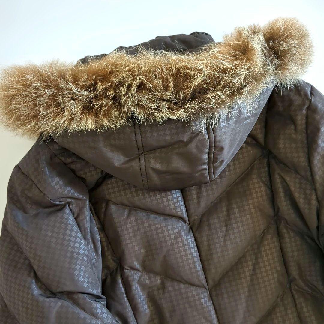極美品★バルマン ダウンコート フード フォックスファー L総柄 ダークブラウン