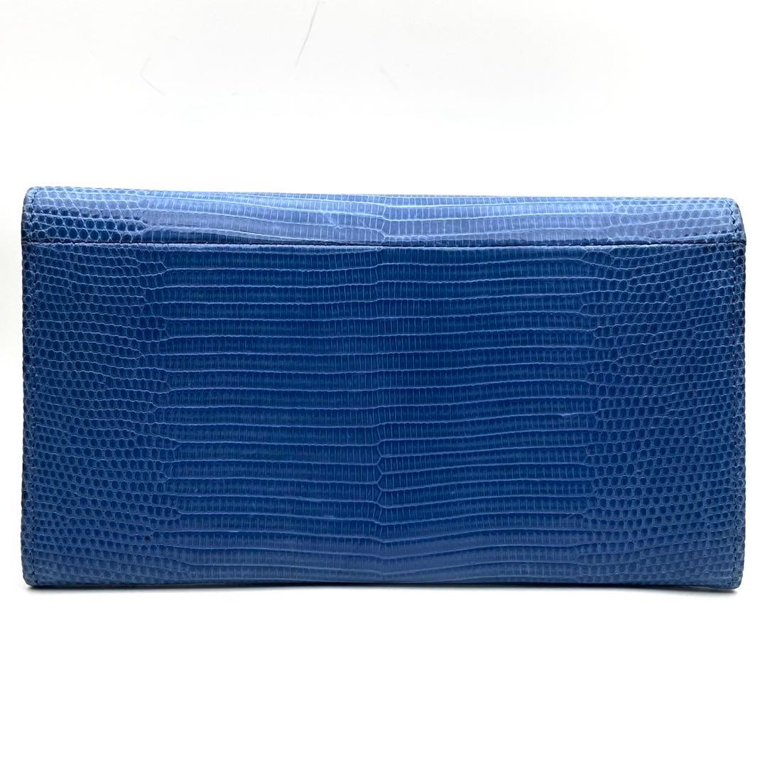 希少/極美品● ブルガリ 長財布 二つ折り ロゴ金具 リザード ブルー レザー