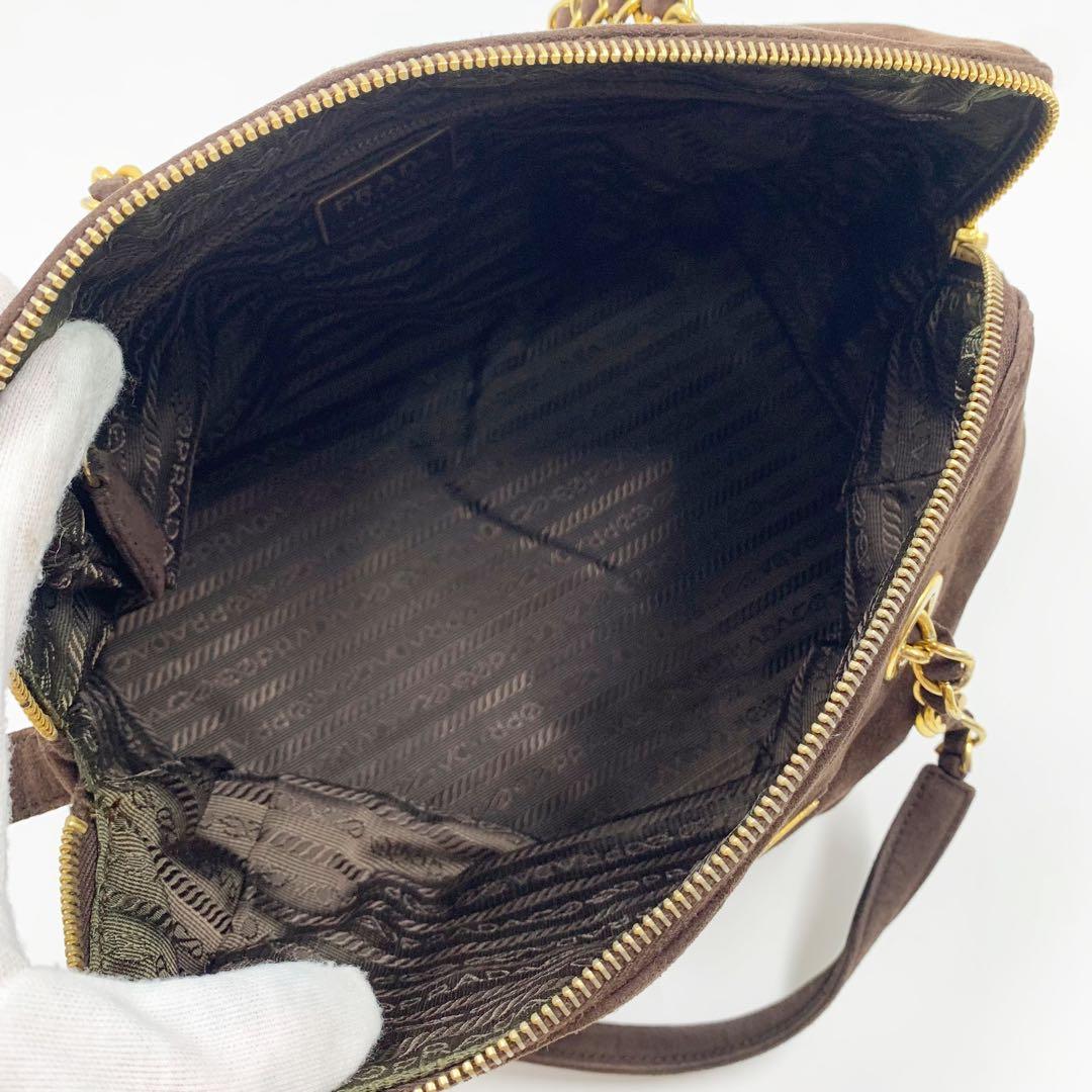 【✨極美品✨】プラダ ミニボストンバッグ 三角ロゴ スウェード ブラウン