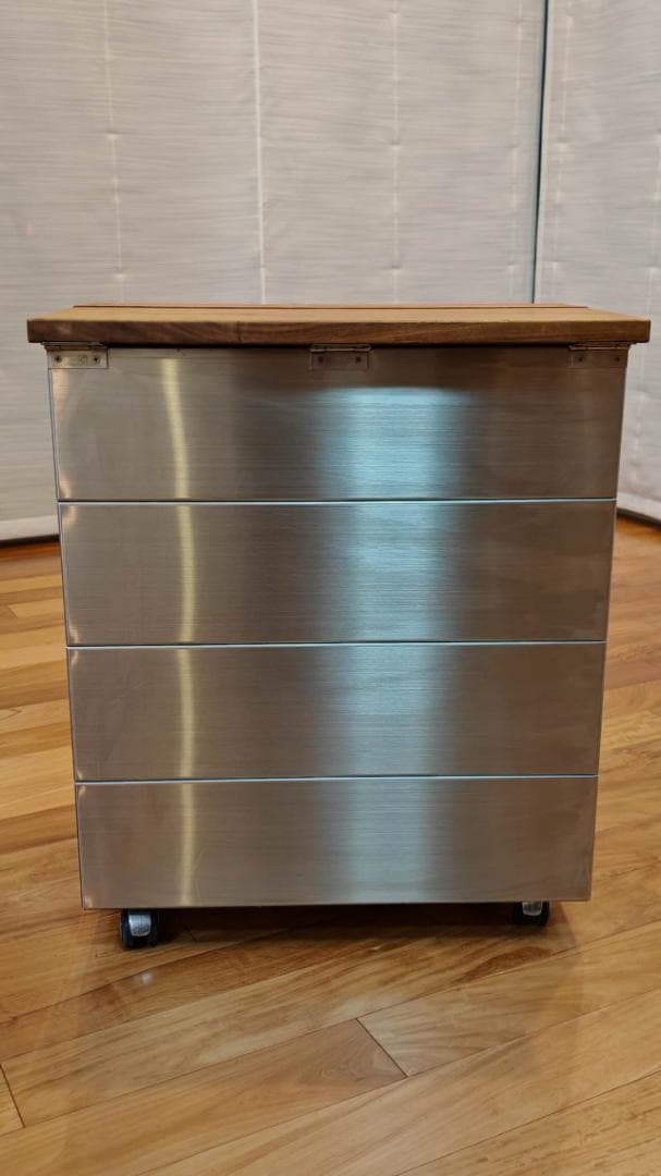 美品　【希少デザイン】ステンレスダストボックス／ゴミ箱 無垢材製天板付き