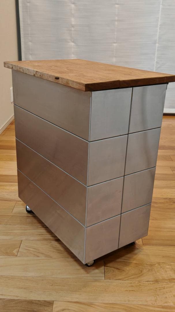 美品　【希少デザイン】ステンレスダストボックス／ゴミ箱 無垢材製天板付き