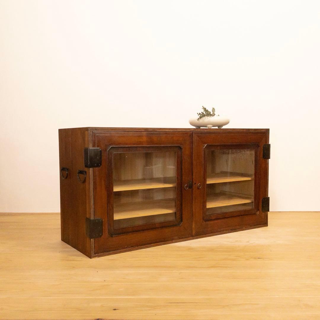 ガラス棚　ローボード　無垢材　M074　古道具　古家具　ビンテージ　アンティーク