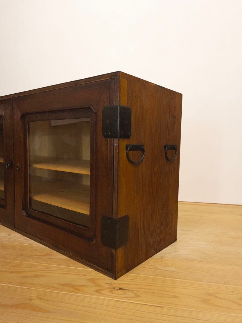 ガラス棚　ローボード　無垢材　M074　古道具　古家具　ビンテージ　アンティーク