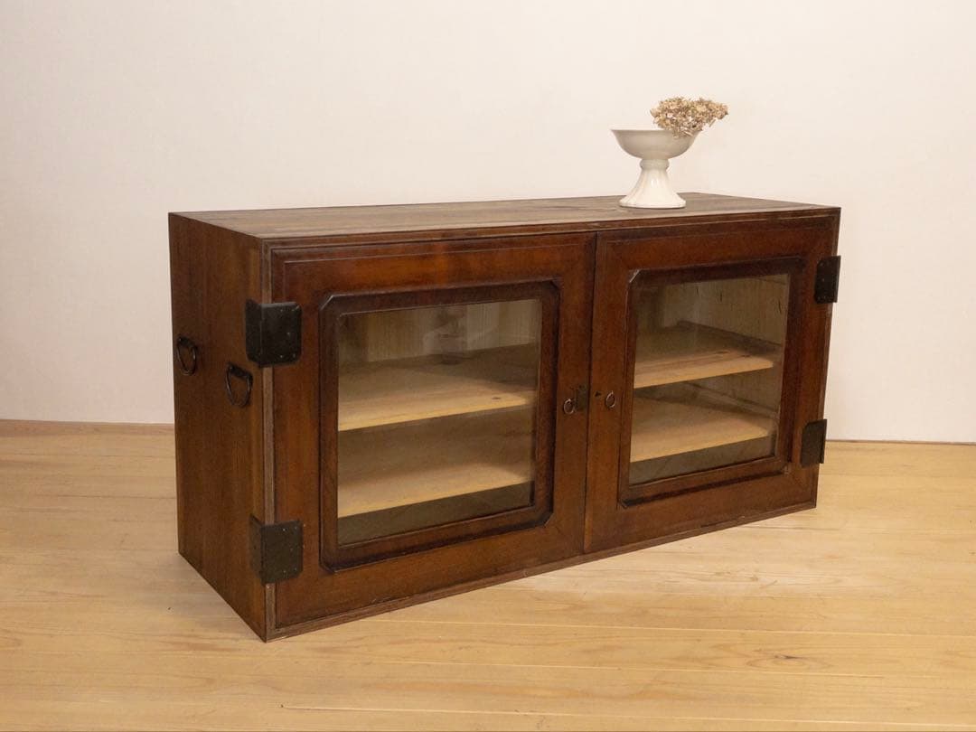 ガラス棚　ローボード　無垢材　M074　古道具　古家具　ビンテージ　アンティーク