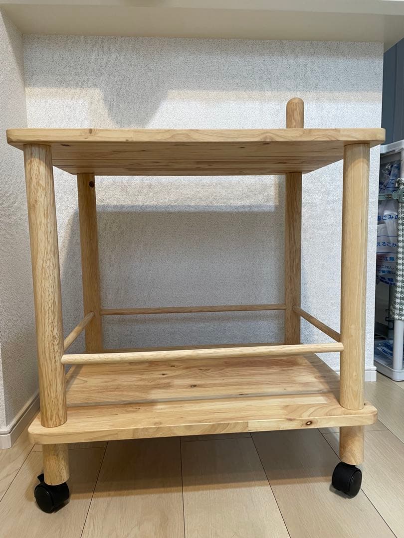木製サイドテーブル 2段棚 キャスター付き