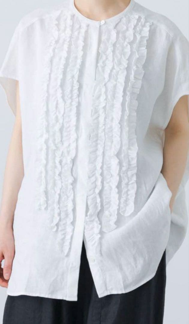 新品未使用【アーバンリサーチ/かぐれ】リネンフリルフレンチワイドシャツ(オフ)