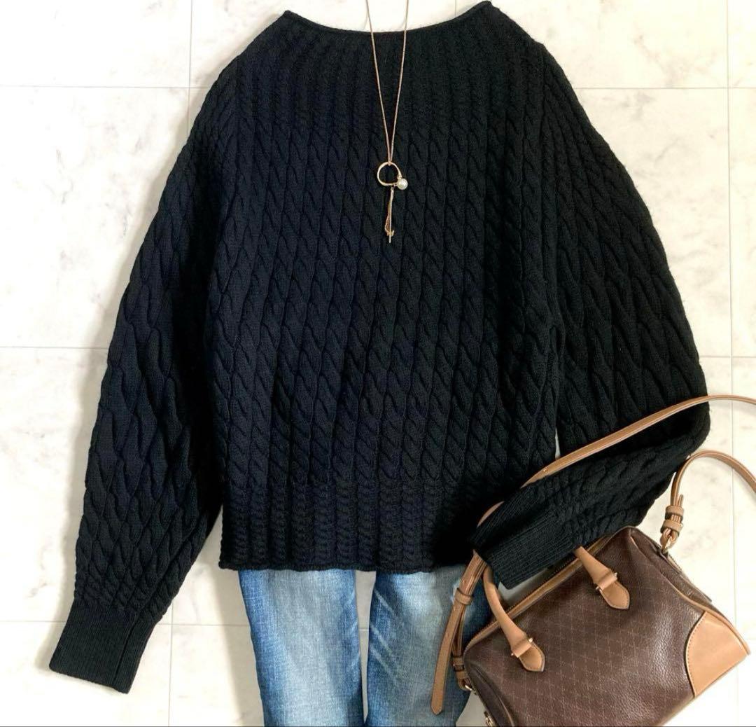 セオリー ケーブル編 カシミヤ混 ボトルネックプルオーバーニット ブラック