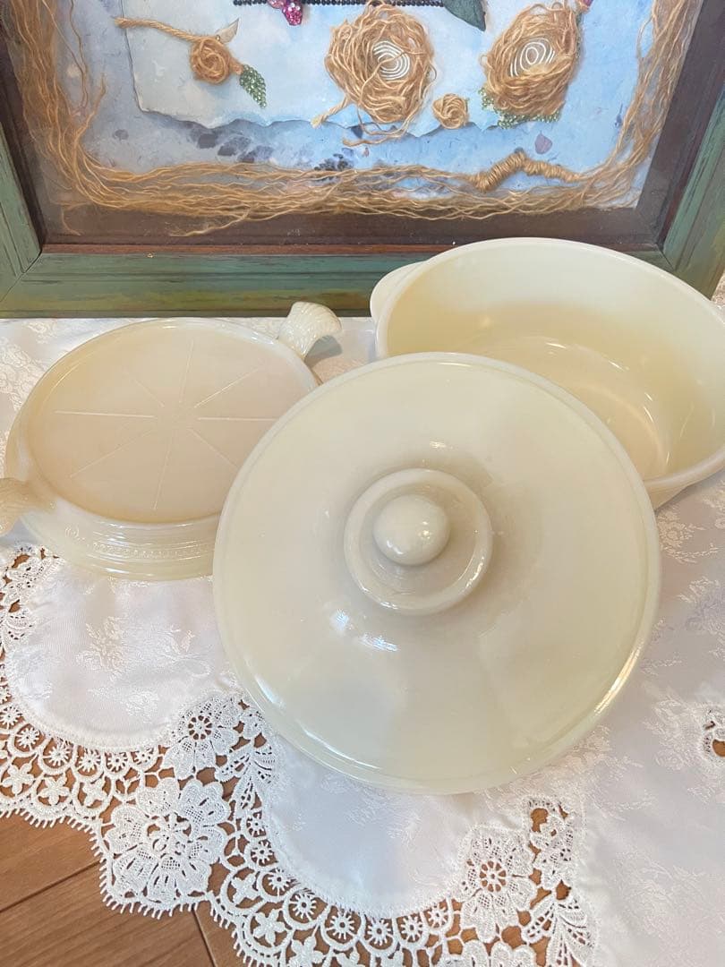 美品 ファイヤーキングアイボリーキャセロール＆プレートset Fireking