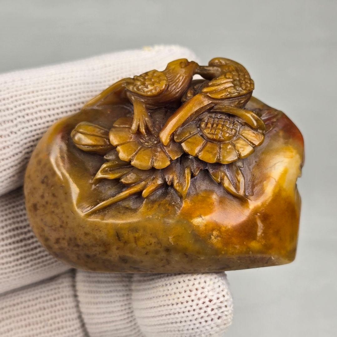 古文房具 本物寿山石 手彫 篆刻 比翼鳥紋 雅趣印章 置物 清代山彦作在銘