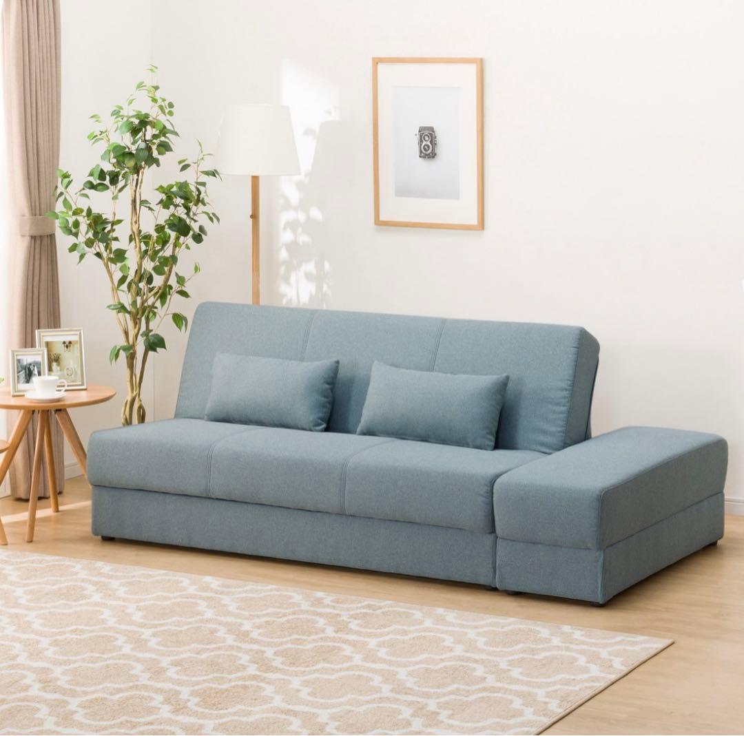 ※現地引き取り限定　ブルー ソファベッド 収納機能付き