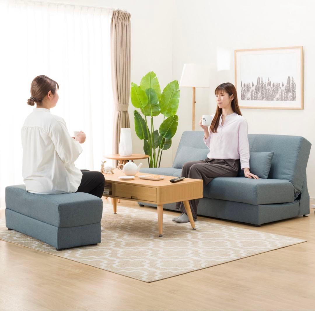 ※現地引き取り限定　ブルー ソファベッド 収納機能付き