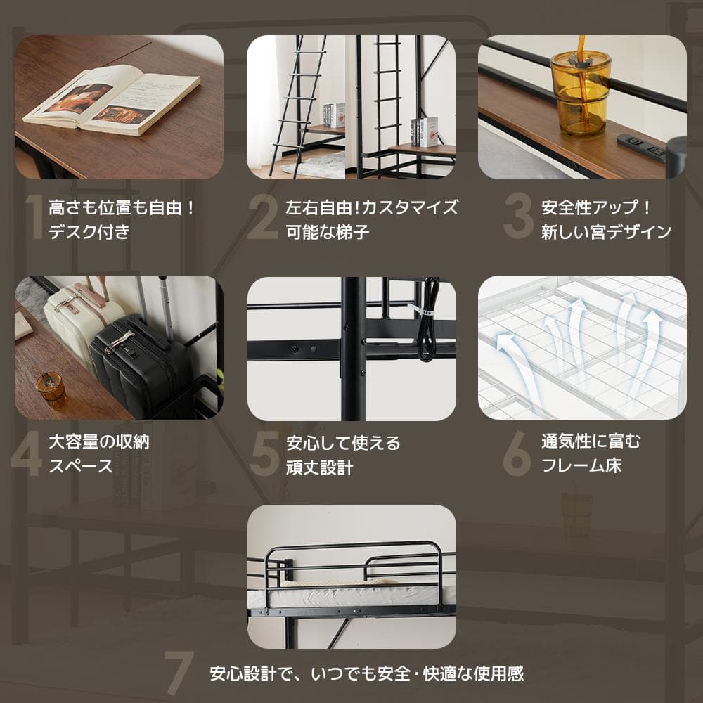 ロフトベッド シングル コンセント付き 移動可能デスク付き 北欧風 BLACK