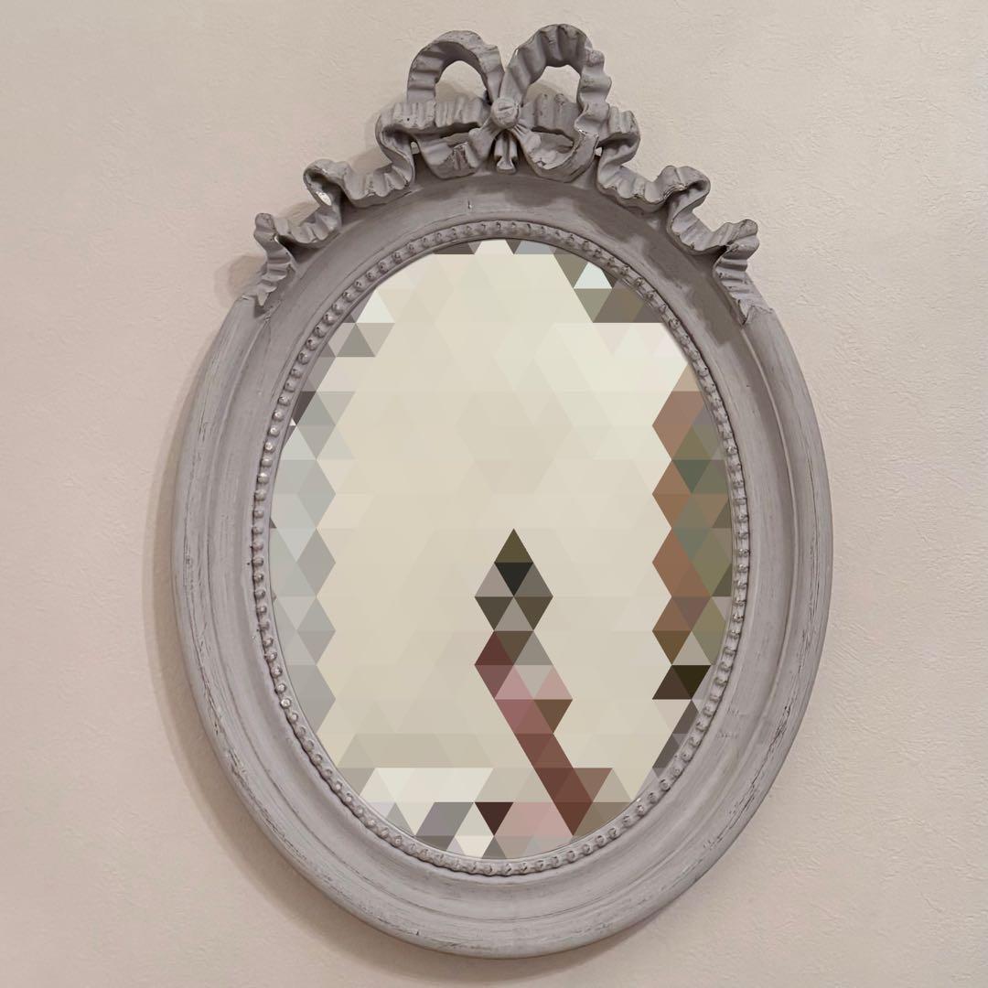 ZARA  壁掛けミラー グレー オーバル リボン シャビーシック