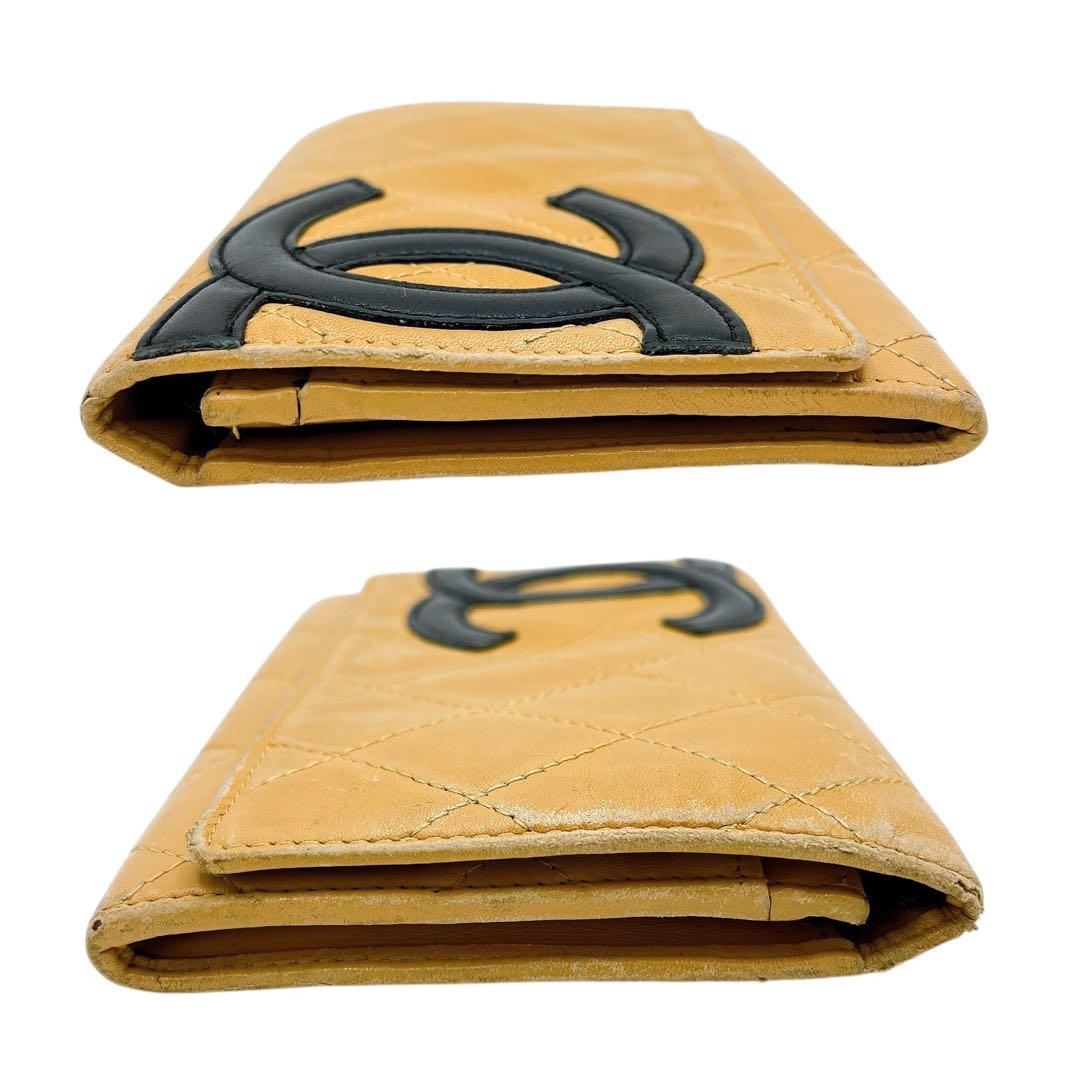 良品 シャネル カンボンライン ココマーク 二つ折り財布 ベージュ 黒 ブラック