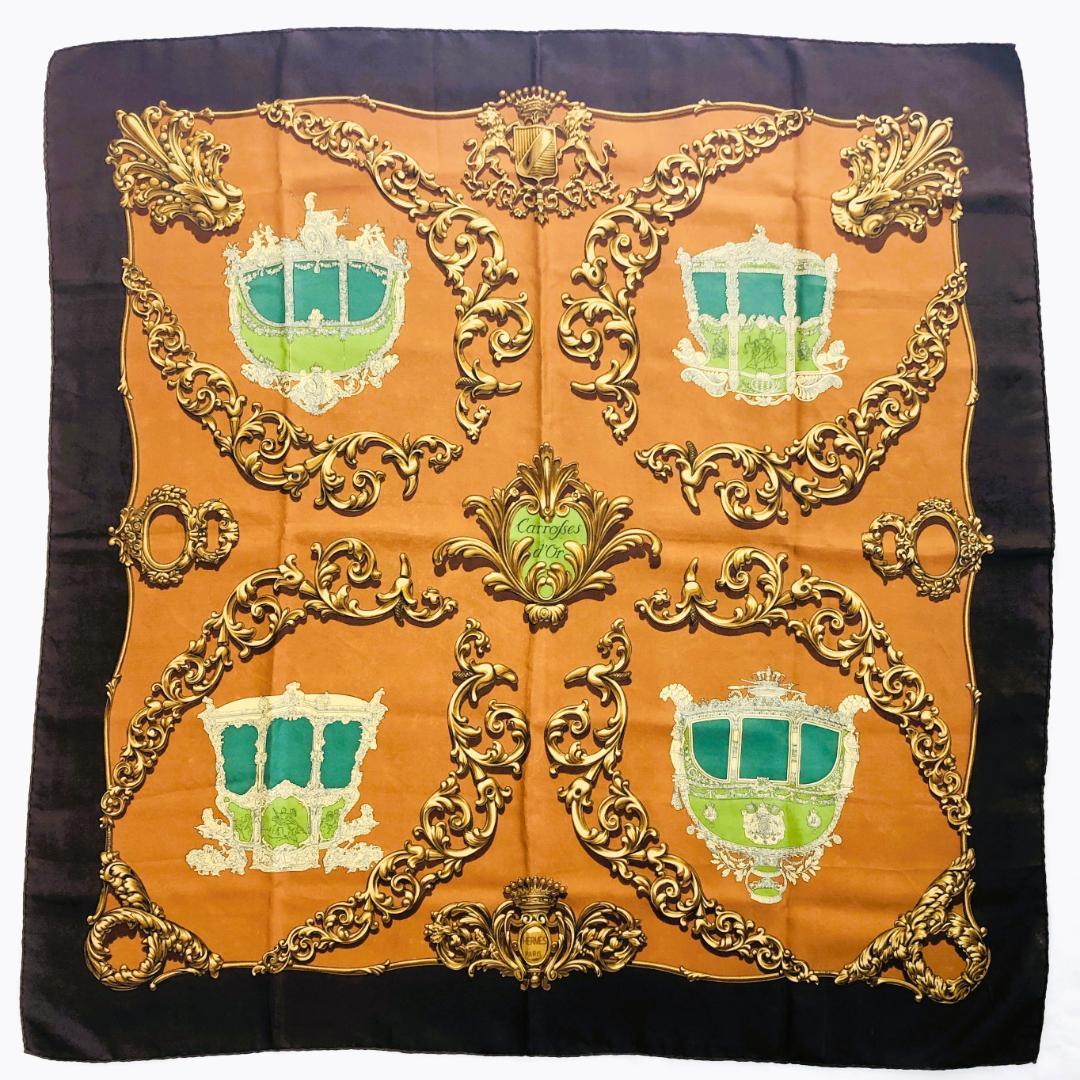 HERMES エルメス カレ90 金の馬車 スカーフ ブラウン系 タグなし