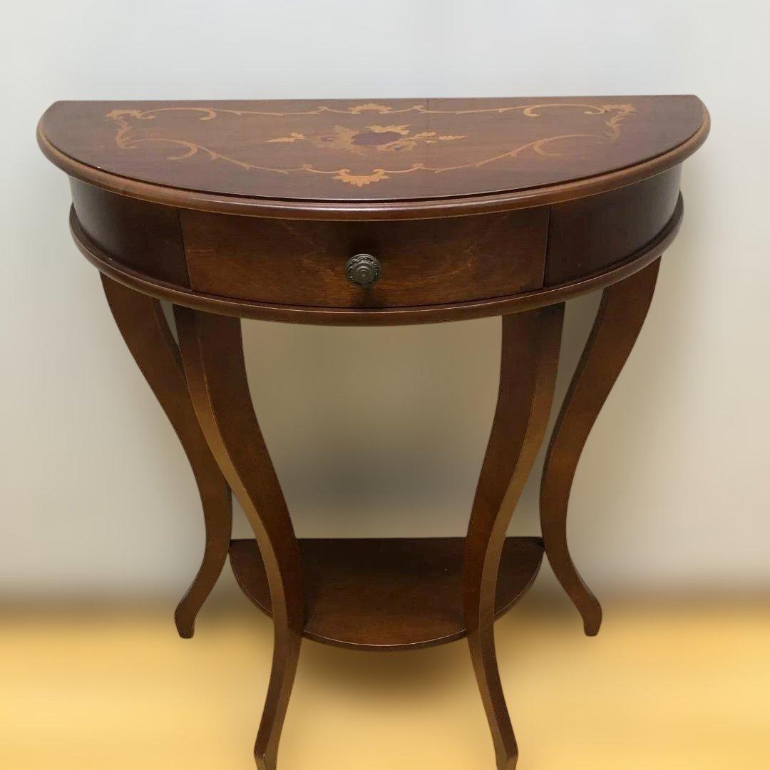 送料無料 クラシック調 半円コンソールテーブル 象嵌風 引き出し付 251127