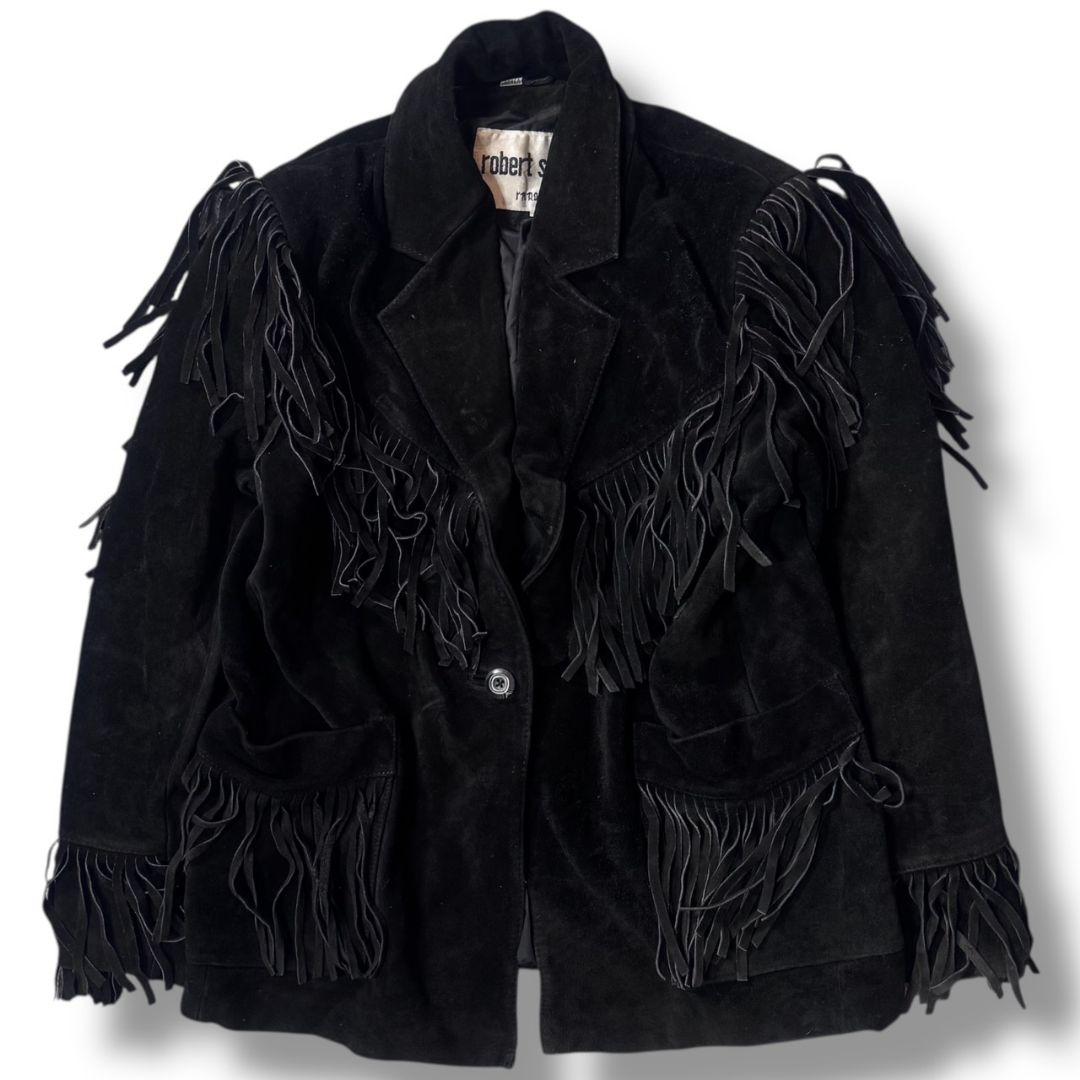 90s 古着 フリンジ レザージャケット スエード 本革 ブラック ウエスタン