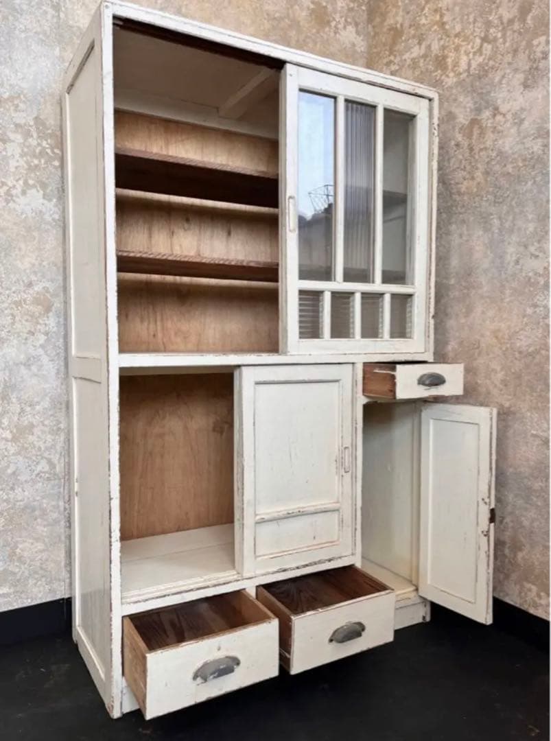 希少 アンティーク ホワイト シャビー 食器棚