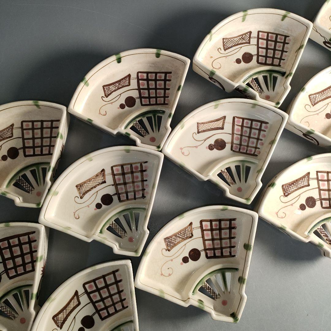 A1292-1/織部焼/瀧口喜兵爾/弥七田織部扇面向付12客/飾鉢/懐石道具/