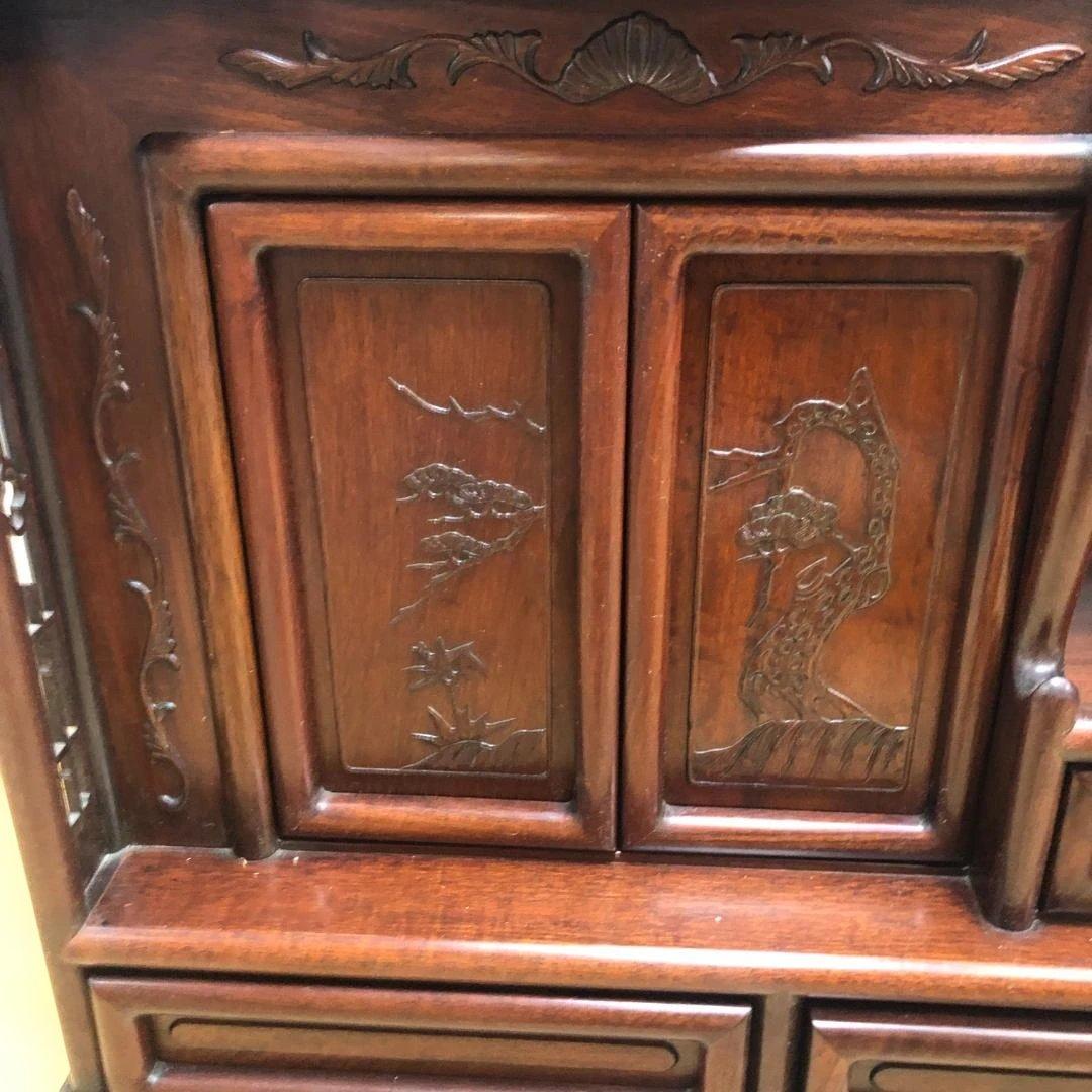 中国家具 唐木 飾り棚 茶棚 木製 彫刻 透かし彫り 収納棚 260126-3