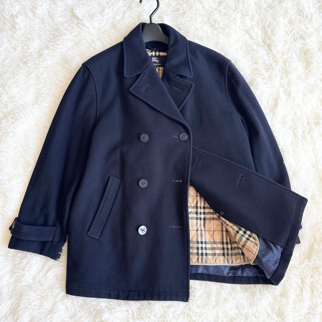 美品　バーバリー　ウールピーコート　中わたライナー付き　ノバチェック　ネイビー