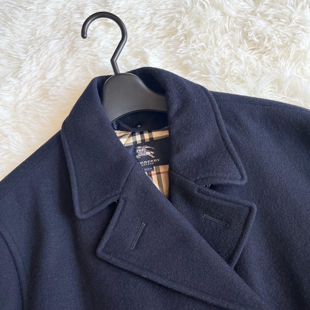 美品　バーバリー　ウールピーコート　中わたライナー付き　ノバチェック　ネイビー