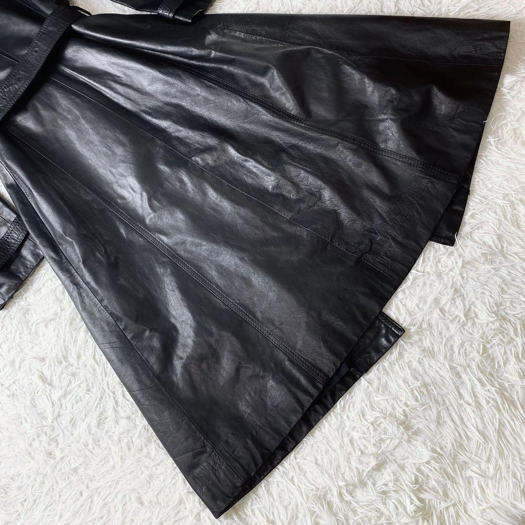 ○美品 牛革 本革 レザー トレンチコート ロングコート ウエストリボン 黒