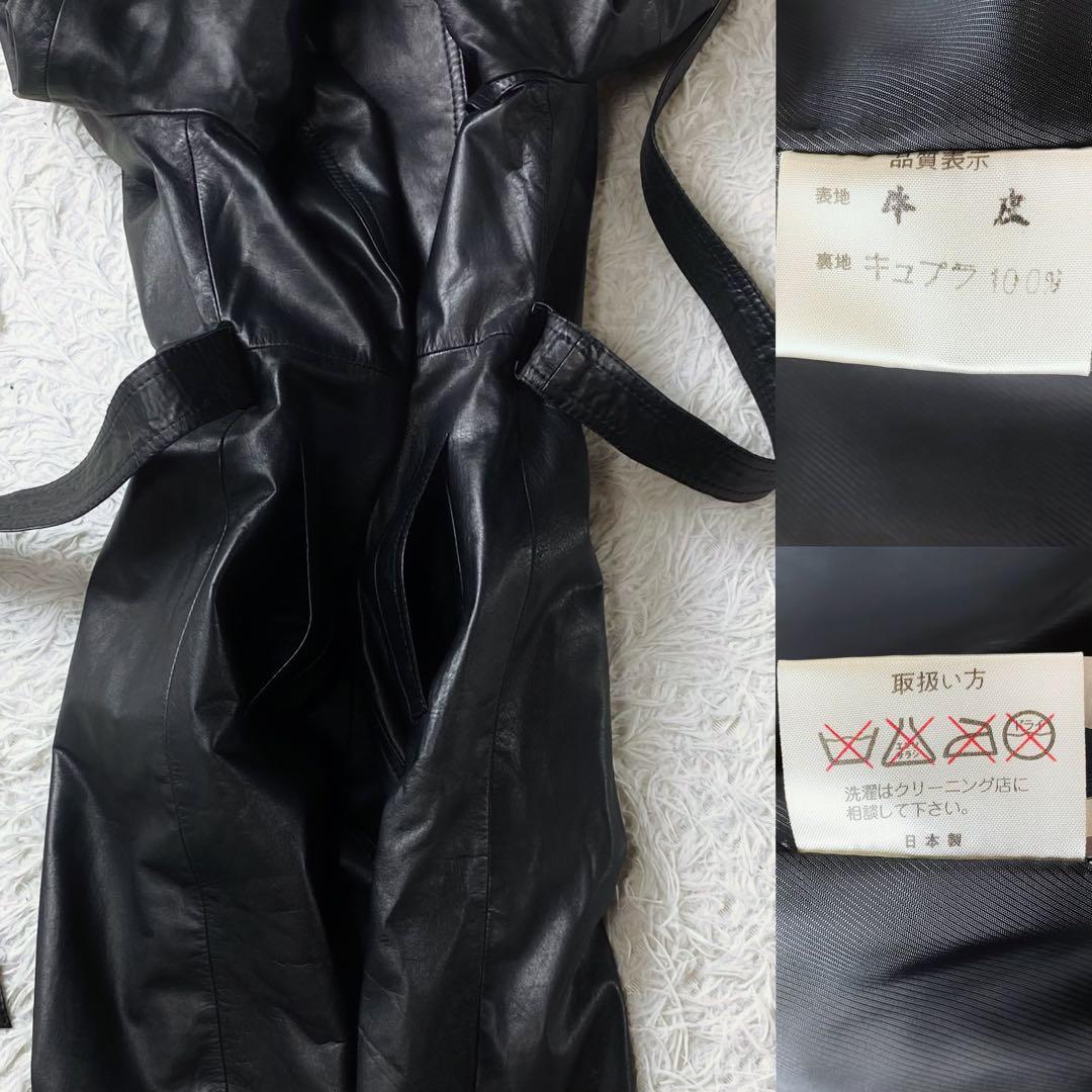 ○美品 牛革 本革 レザー トレンチコート ロングコート ウエストリボン 黒