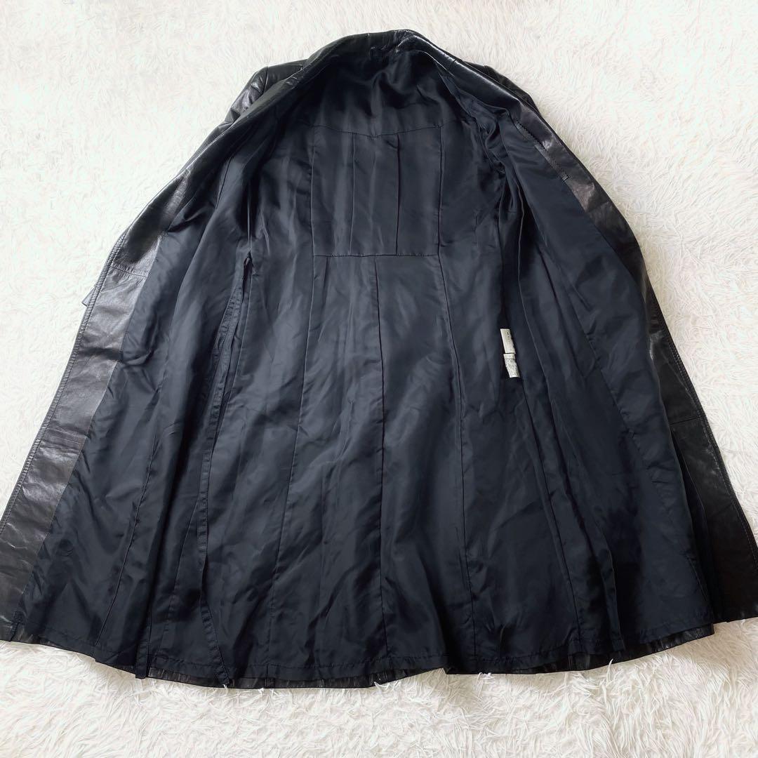 ○美品 牛革 本革 レザー トレンチコート ロングコート ウエストリボン 黒
