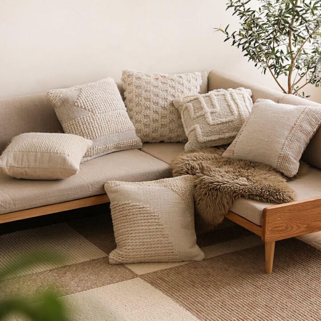 極美品 リセノ ウーリッシュ クッションカバー ウール ナチュラル 幾何学模様