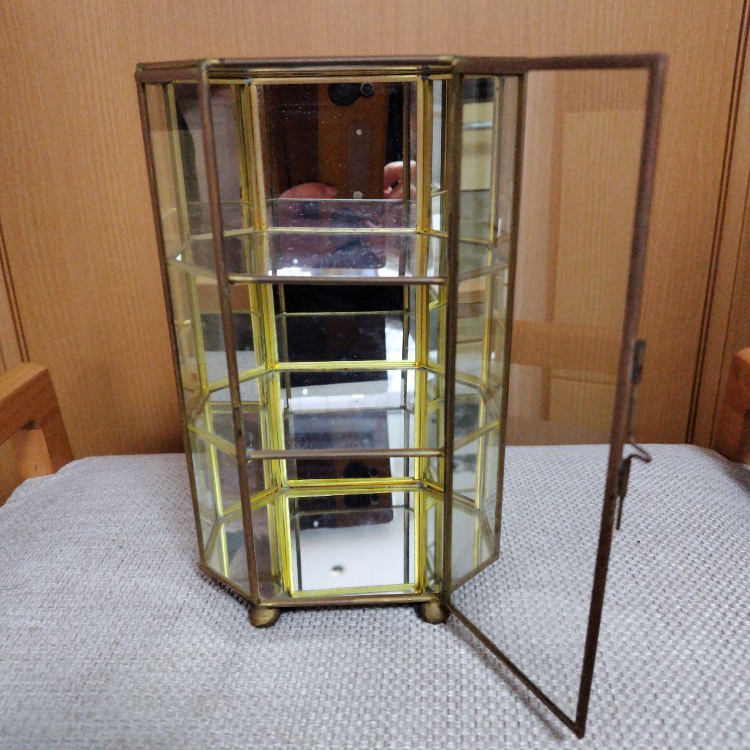 アンティーク　レトロ　ガラス・ジュエリー・コレクションケース3段八角形　真鍮・鏡