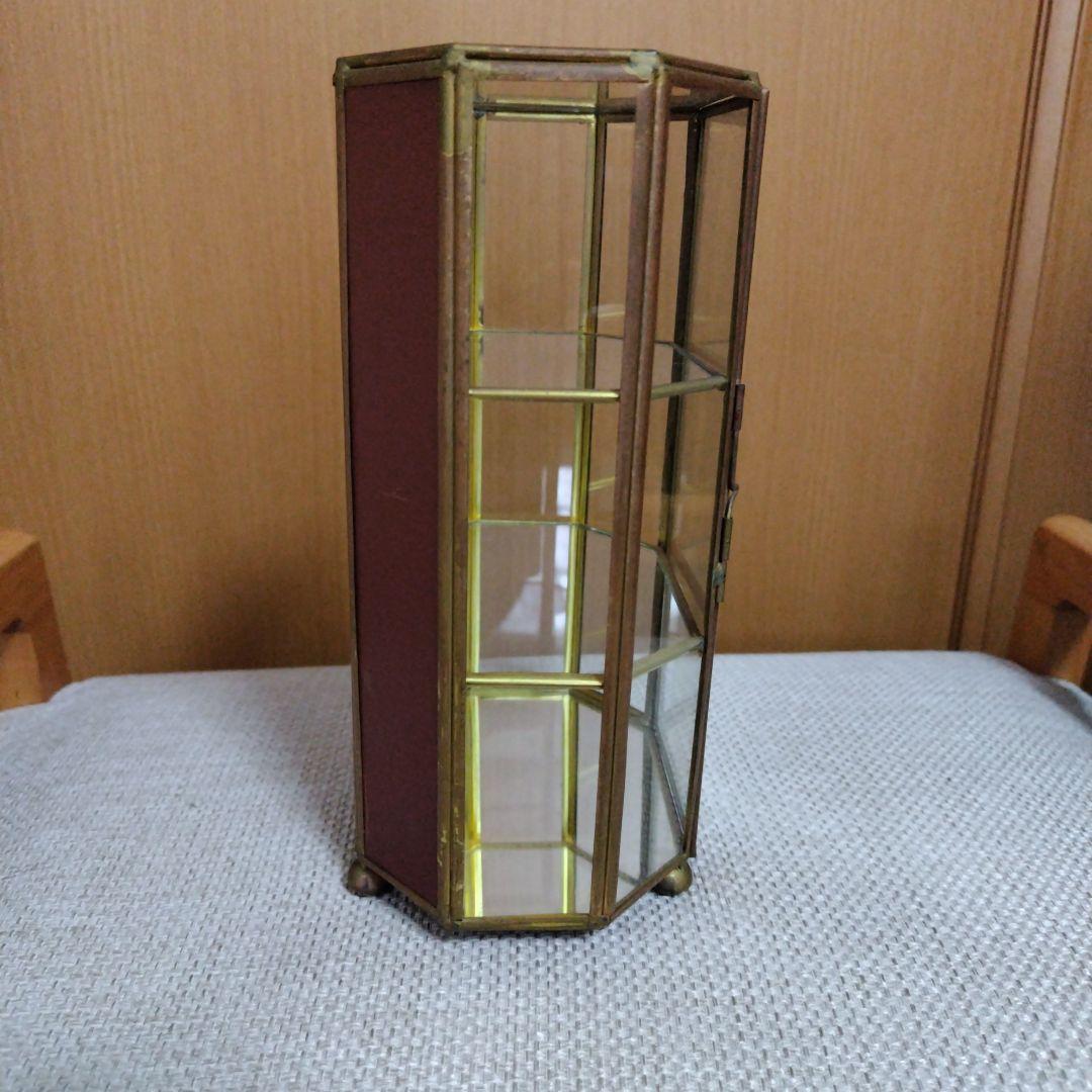 アンティーク　レトロ　ガラス・ジュエリー・コレクションケース3段八角形　真鍮・鏡