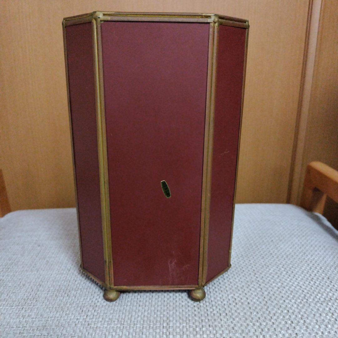 アンティーク　レトロ　ガラス・ジュエリー・コレクションケース3段八角形　真鍮・鏡