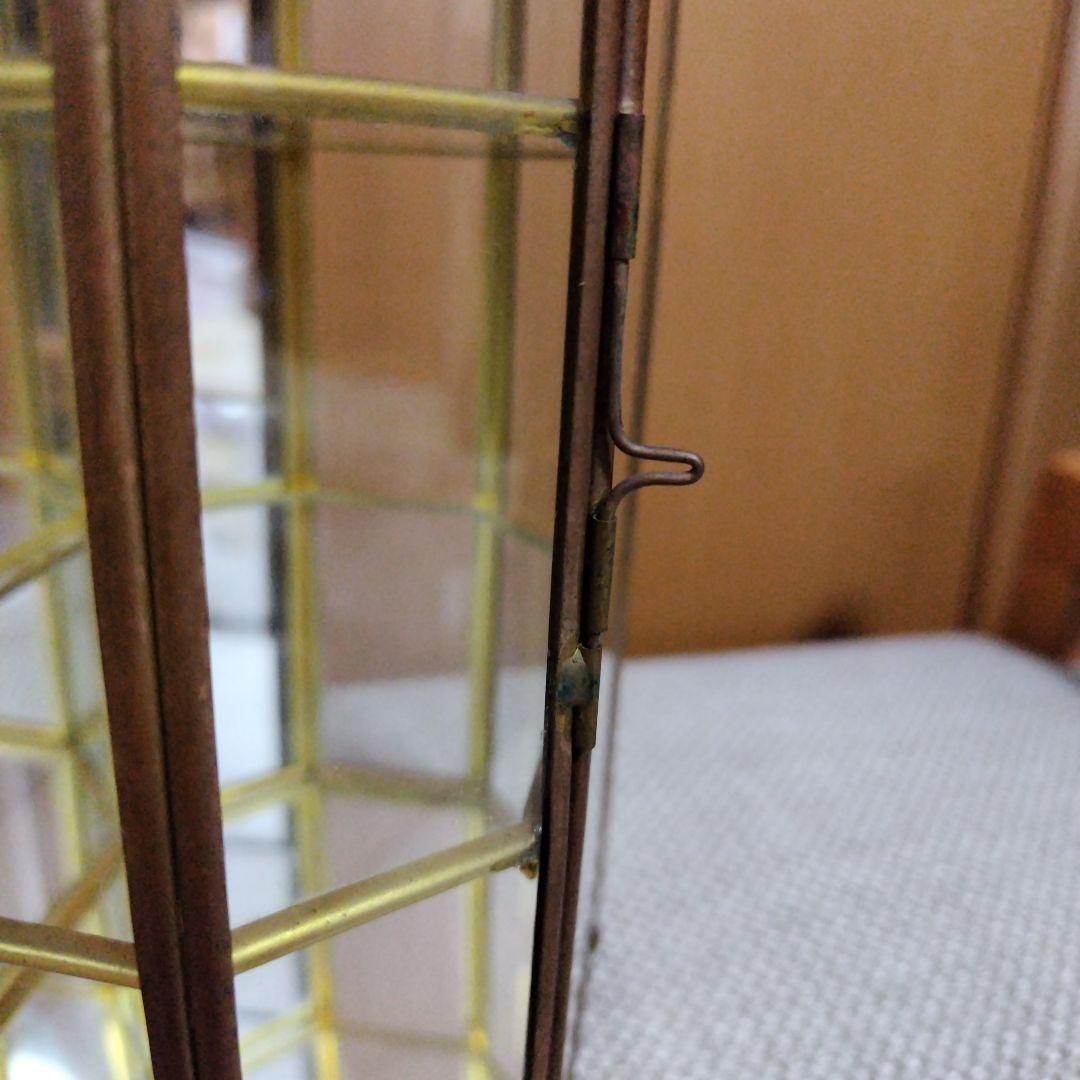 アンティーク　レトロ　ガラス・ジュエリー・コレクションケース3段八角形　真鍮・鏡