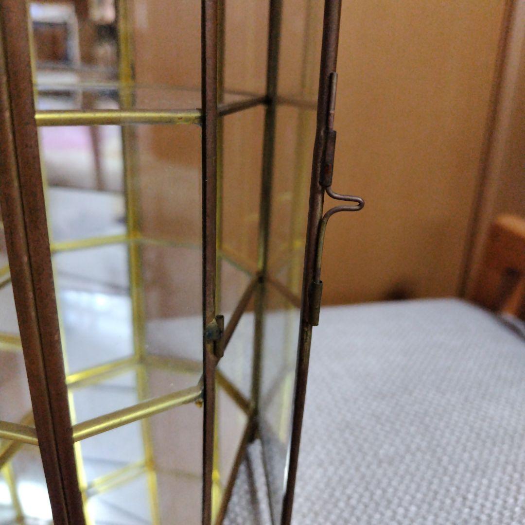 アンティーク　レトロ　ガラス・ジュエリー・コレクションケース3段八角形　真鍮・鏡