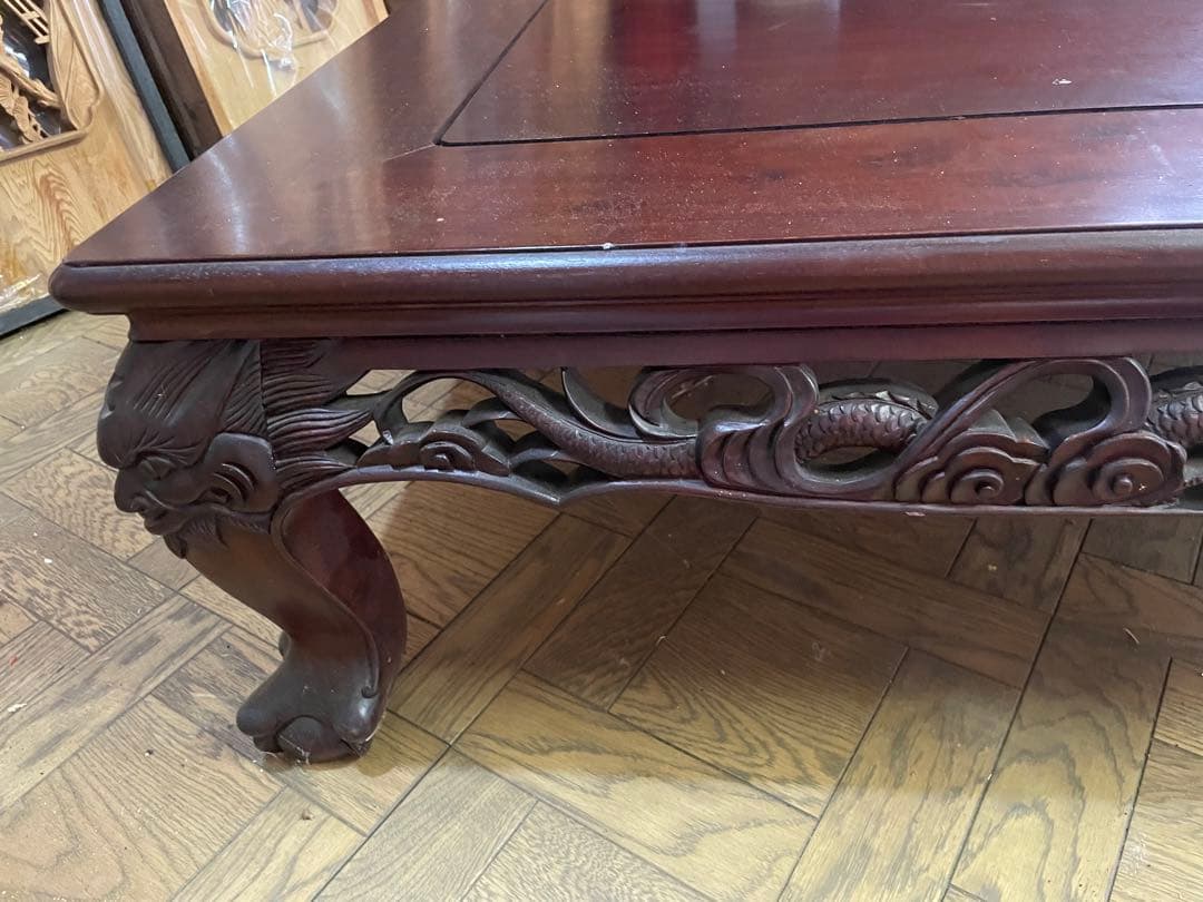 高級唐木　獅子龍彫刻付き漆仕上げ長座卓　150センチ幅テーブル一枚板　座卓