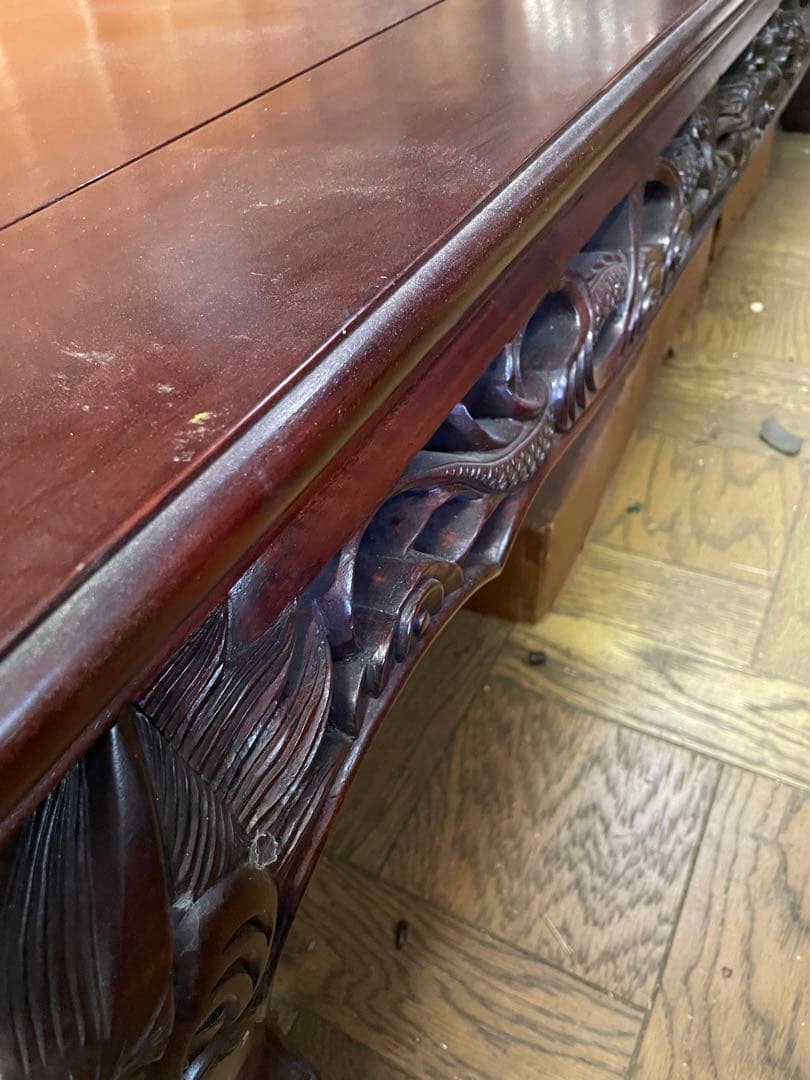 高級唐木　獅子龍彫刻付き漆仕上げ長座卓　150センチ幅テーブル一枚板　座卓